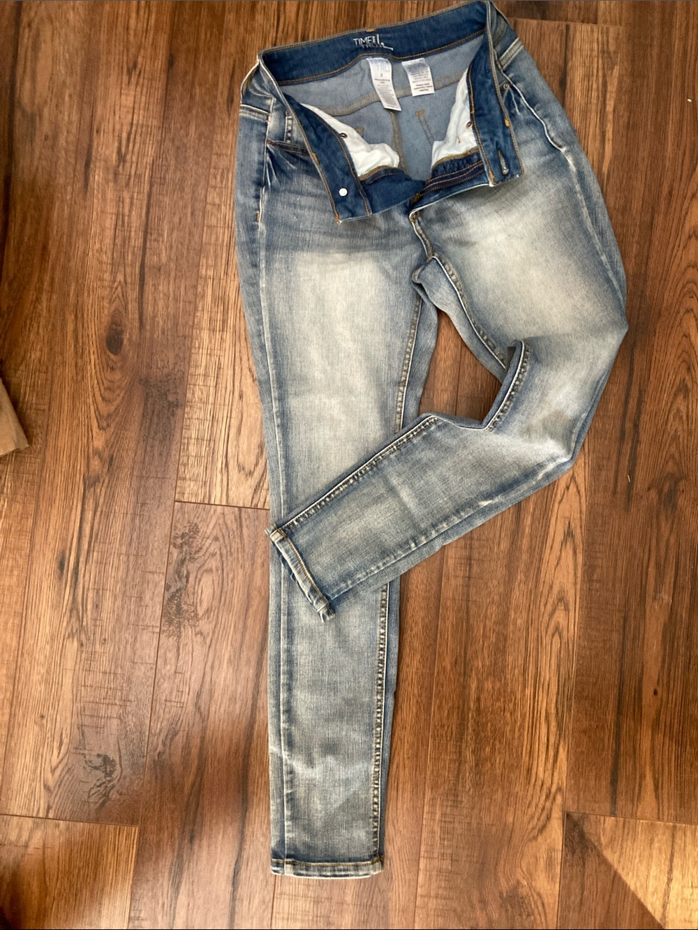 Time and Tru Light Blue Denim Distressed Skinny Jeans with Gold Stitching